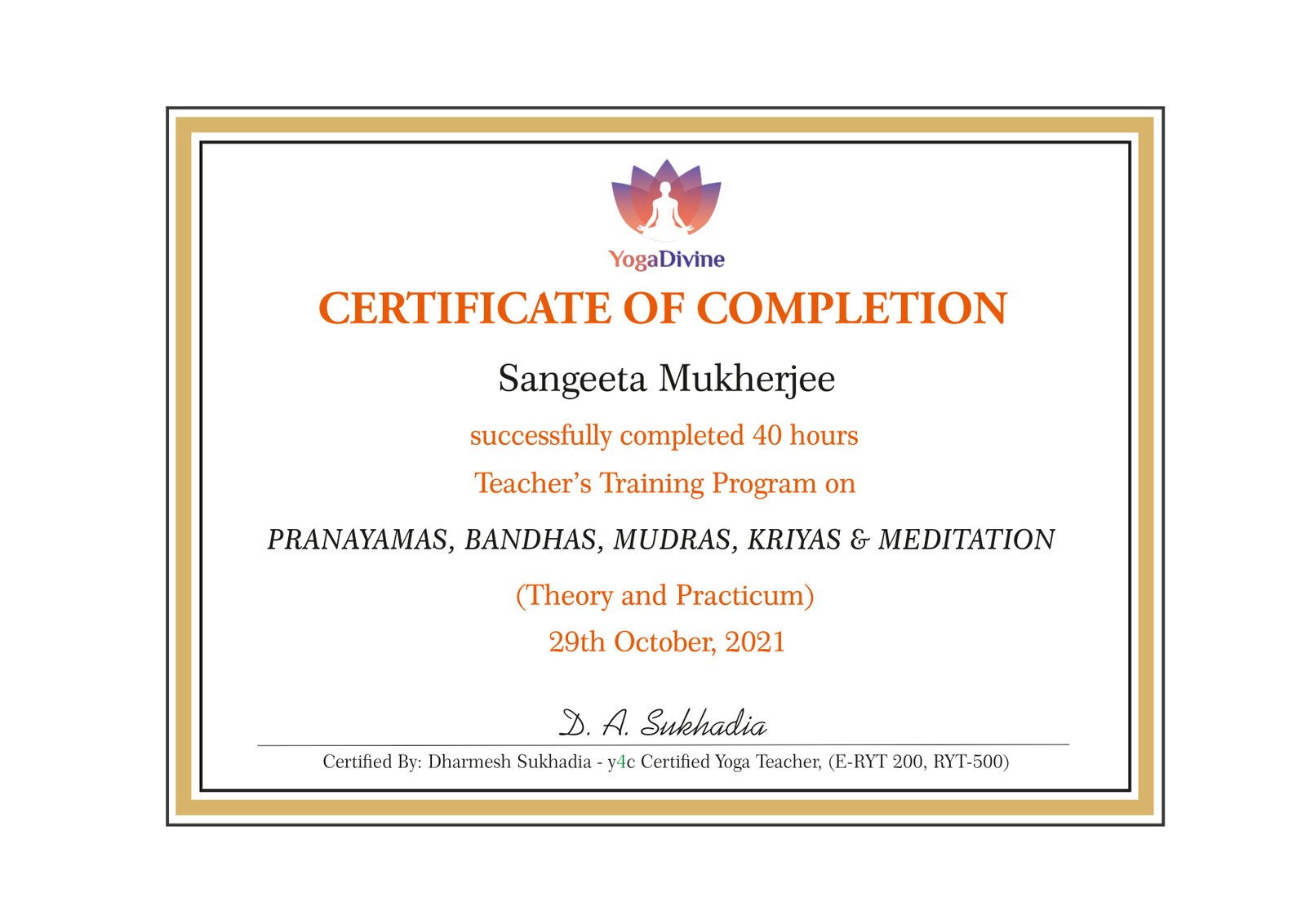 Certified pranayama teacher